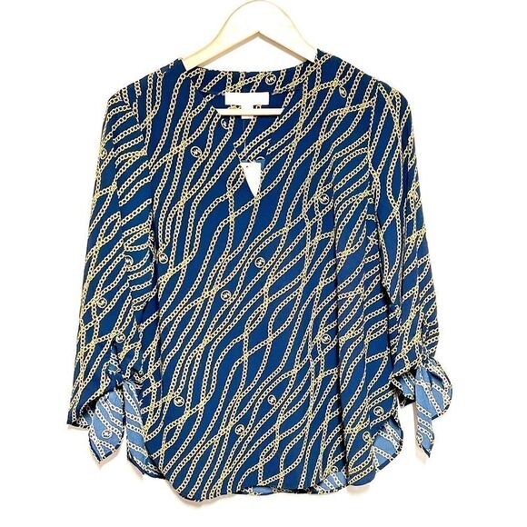 NWT Michael Kors Navy Chain Link Peasant Tie Pullover Top Sz M - Picture 1 of 6